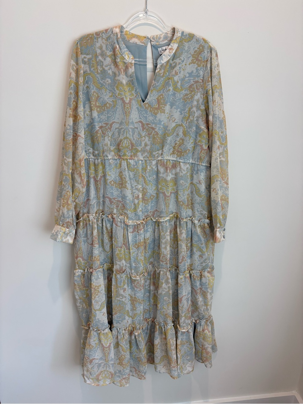 Wonderly Light Blue & Cream Paisley Tiered Long Sleeve Midi Dress
